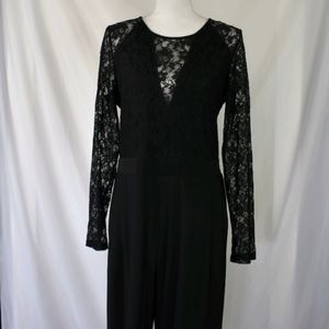 Black Lace Romper V Neck Long Sleeve With Pockets